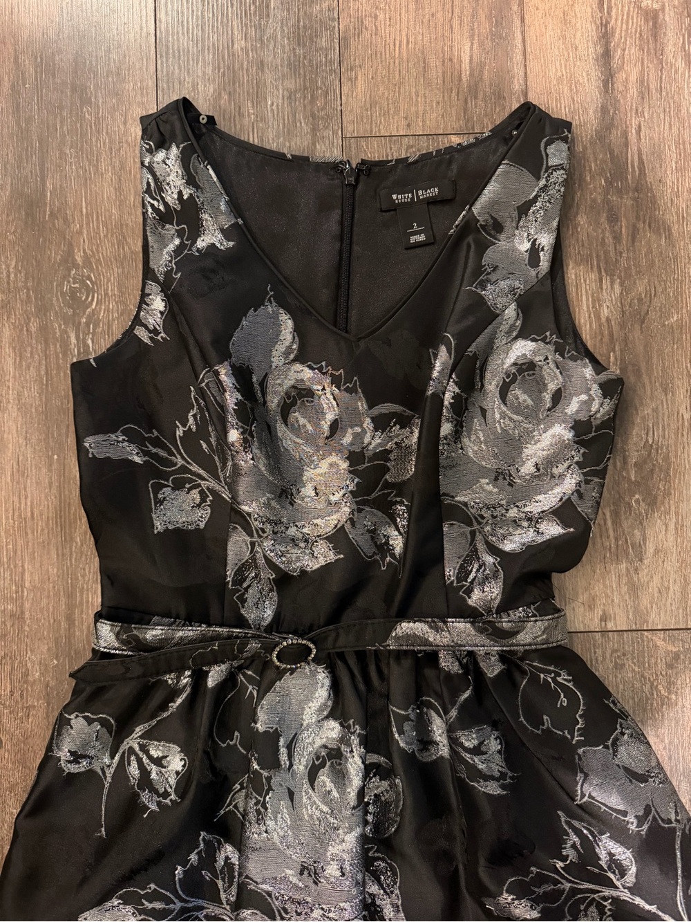White House Black Market Black Dress with Silver Floral Jacquard - Picture 2 of 4